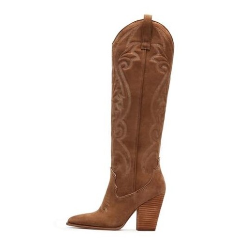 Knee High Cowboy Boots for Women Pointed Toe Chunky High Heels Pull-on
