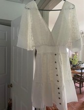Fit & Flare Lace Dress White Short Flutter Sleeve Button Ruffle Smocked V-Neck