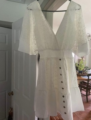 Fit & Flare Lace Dress White Short Flutter Sleeve Button Ruffle Smocked V-Neck