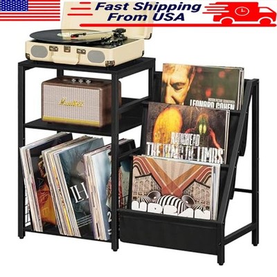 3 Tier Record Player End Side Table W/ Vinyl Display Shelf Storage Industrial US