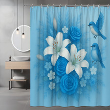 Blue Floral Shower Curtain with Birds and Roses, Elegant Design