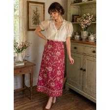 Talbots Petites Skirt 10 Berry Red Floral Midi Cotton Zip Boho Cottage Classic