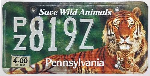 Pennsylvania 2000 Save Wild Animals Tiger License Plate PZ 819Z Cat Specialty