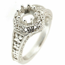 925 Sterling Silver 6x6mm Round Semi Mount Art Deco Filigree Vintage Style Ring