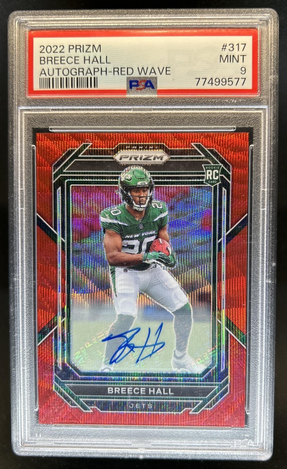 2022 Panini Prizm Breece Hall Auto Autograph RC Red Wave #/149 Jets PSA 9 Rookie