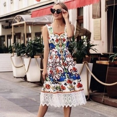 RARE $2,950 Dolce & Gabbana Majolica Lace Trim Button Cotton Midi Dress  IT38 XS | eBay
