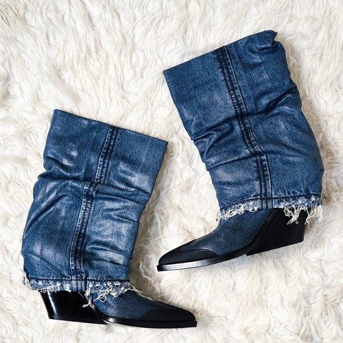 Diesel Denim Cowboy Boots 39 Foldover Blue Y2k 8 Heels Wedge - Picture 5 of 9