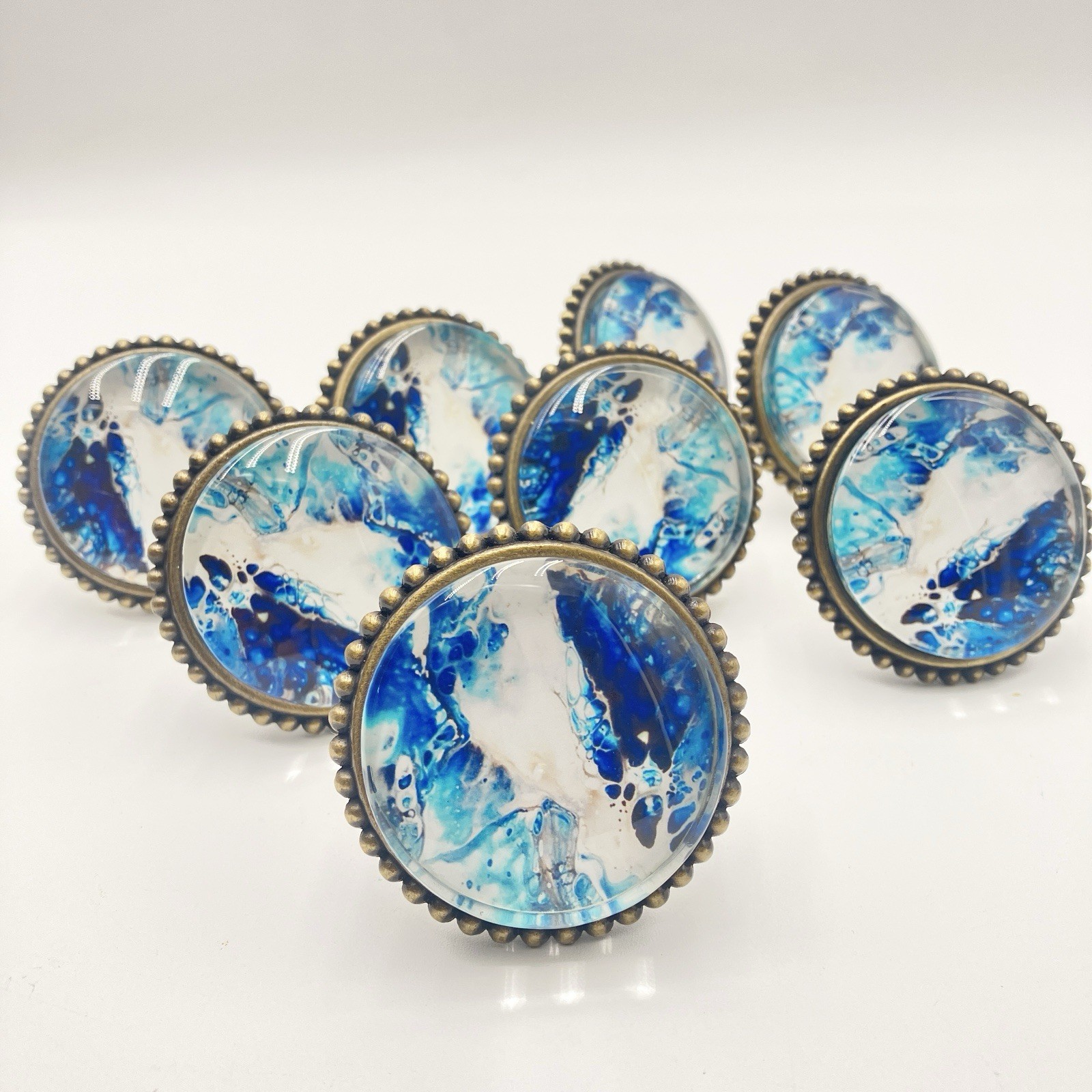 Set 8 Blue Marbled Glass Cabinet Knobs Brass Drawer Pulls Coastal Boho 2”