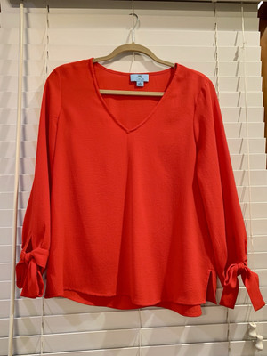 Cece Bright Red V Neck Blouse with Ties at bottom of sleeve Size Small