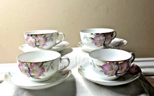 Vintage Noritake Hand Painted Azalea Set of 4 Cups & Saucers Morimura Green Mark