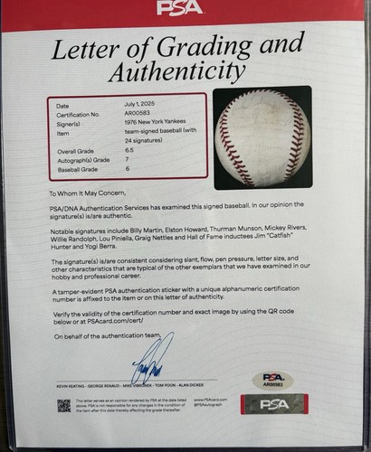 1976 Yankees Team Signed Official American League Baseball Dual PSA/DNA Graded. - Picture 2 of 9