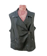 SZ 3X Roz & Ali Women's Black Faux Leather Collared Zip-Up Vest Pockets Biker