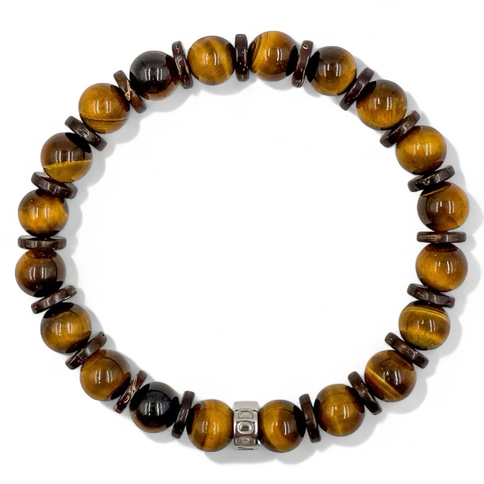 Pulseira masculina de contas de pedra preciosa e madeira - Sombra de tigre - Joias elásticas feitas à mão - Imagem 3 de 4