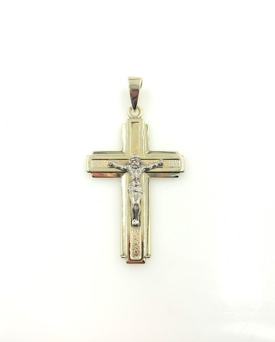 Solid 14K Two-Tone Gold Textured Crucifix Cross Jesus Pendant Charm 2.25" 9.6g - Picture 4 of 12