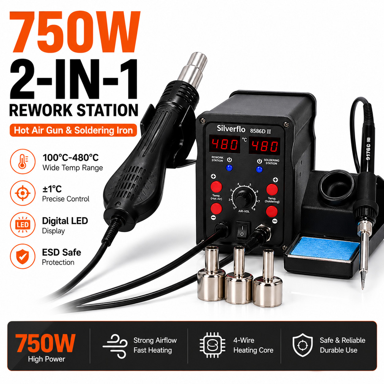 8586D 2in1 Soldering Station Hot Air Heat Desoldering Rework SMD Welding Tool