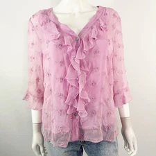 Vintage Tess Pink Eyelet Embroidered Ruffle Blouse Size 14 Coquette Girl Fairy