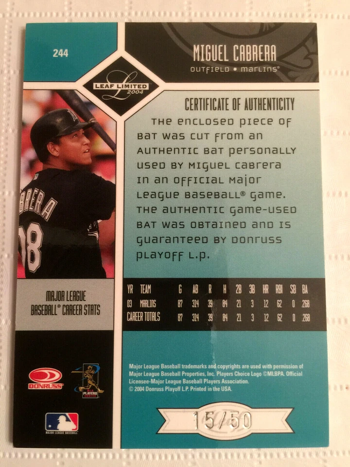 MIGUEL CABRERA 2004 Hoja Limitada Monikers Murciélago Autógrafo 15/50!! Tigers HOF Foto 2 de 2