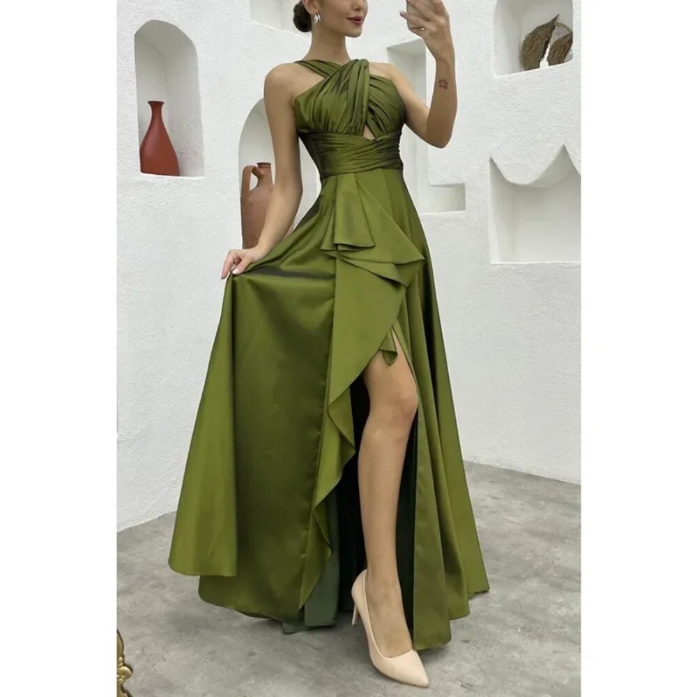 Elegant Sleeveless High Waist Out Ruffle Slit Floor Length Dress Prom Gown  Dress | eBay