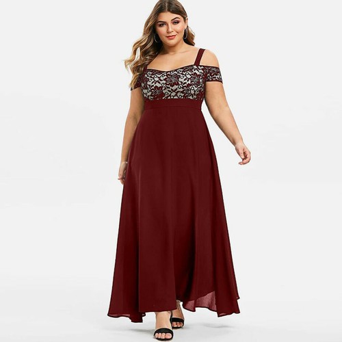 Damen Übergröße Kleid Cold Shoulder Blumen Spitze Party Abend Camis langes Kleid - Bild 16 von 16