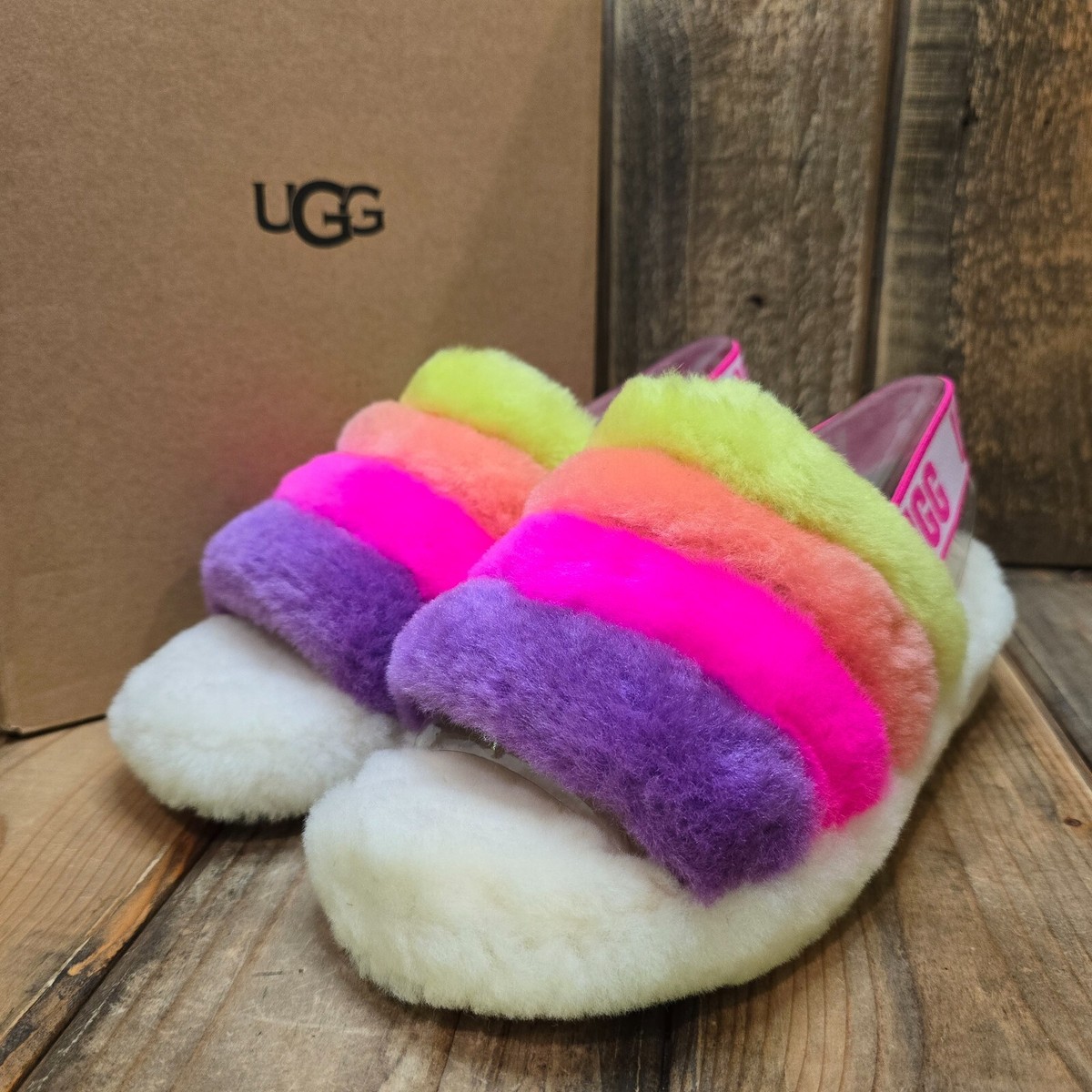 UGG FLUFF YEAH SLIDE WOOL SLIPPER SANDAL ~ WHITE MULTI WOMENS US 7