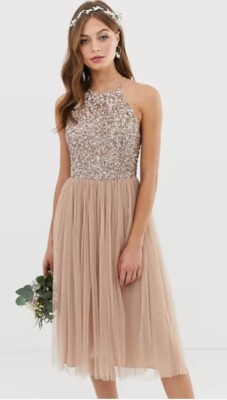 MAYA Brautjungfern Halterneck Midi Tüll Kleid Zarte Pailletten Blush (ass10)