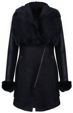 Women's Black Suede Merino Shearling Sheepskin Leather Coat With Toscana Collar