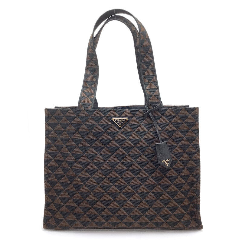 Prada Symbol Embroidery Fabric Bag Polyester Brown Black Prada Symbol Embroidery Fabric Bag Polyester Brown Black