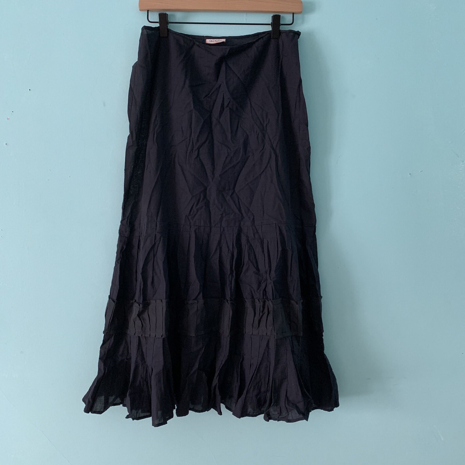 Max & Co. Woven A-Line Cotton Textured Hem Black MIDI Skirt Medium RARE