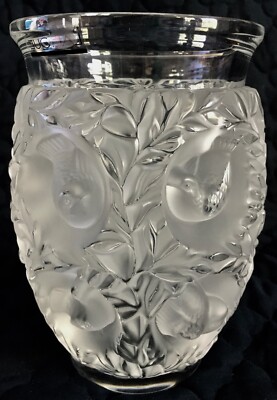 Lalique バガテル　葉と鳥の彫刻 花瓶 LALIQUE CRYSTAL BAGATELLE VASE Clear Crystal Frosted Birds