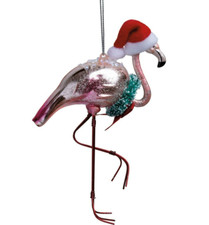 Flamingo w/Wreath Santa Hat Glass Christmas Ornament, wire legs PBK NWT