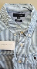 TOMMY HILFIGER Men Regular 80s 2 Ply Long Sleeve Polo Dress Shirt XL White Blue