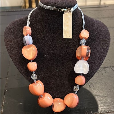 Miriam Haskell Elegant Coral Baby Powder Blue Beaded Long Necklace Braided Rope