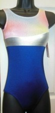 Girls size Medium Navy Silver Gymnastic Leotard Pastel accents shiny spandex