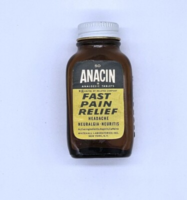 RARE VTG 1950s 1960s ANACIN WHITEHALL ASPIRIN BOTTLE GOOD CONDITION