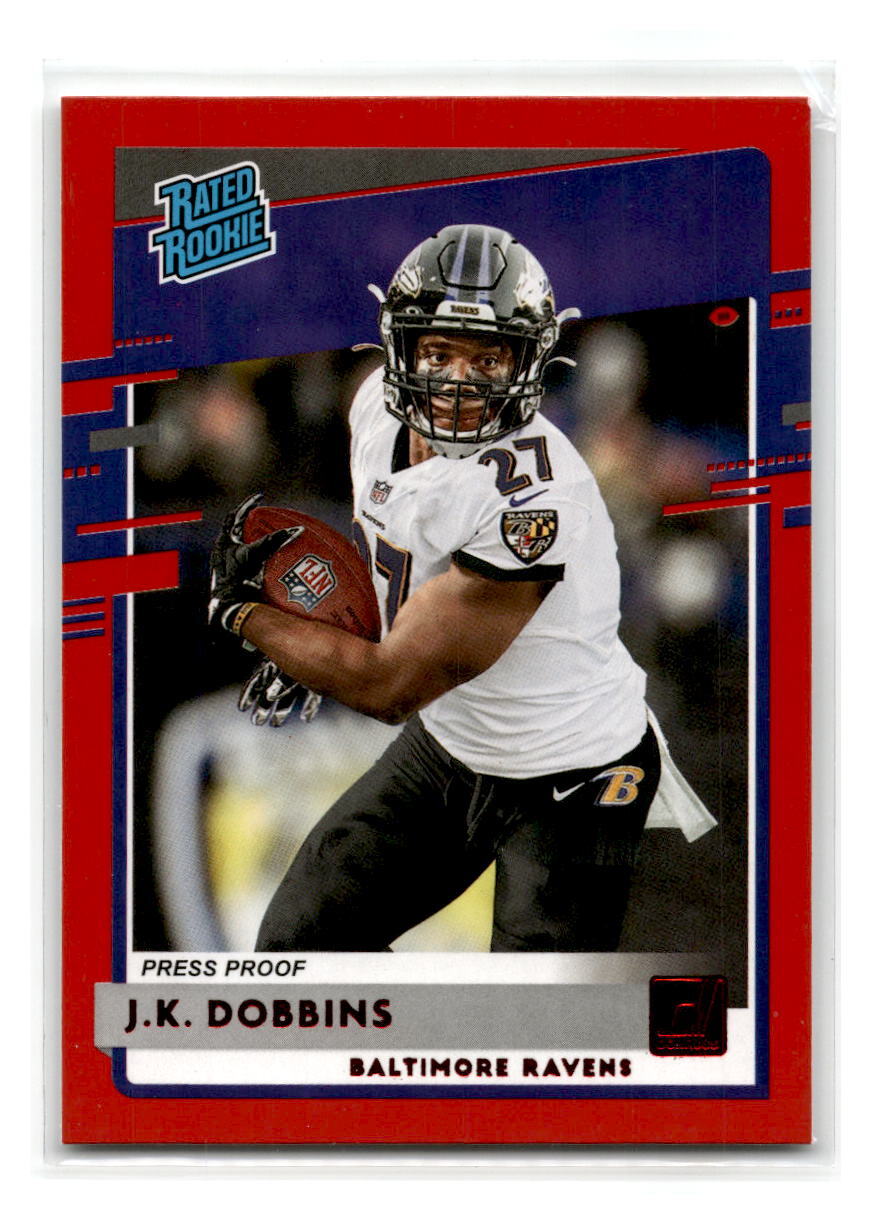 2020 Donruss - #311 - J.K. Dobbins Press Proof Red RC - Baltimore Ravens