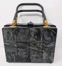 Vintage StyleCraft Handbag Purse Black Pearlized Marbled Lucite Vanity 60s As Is