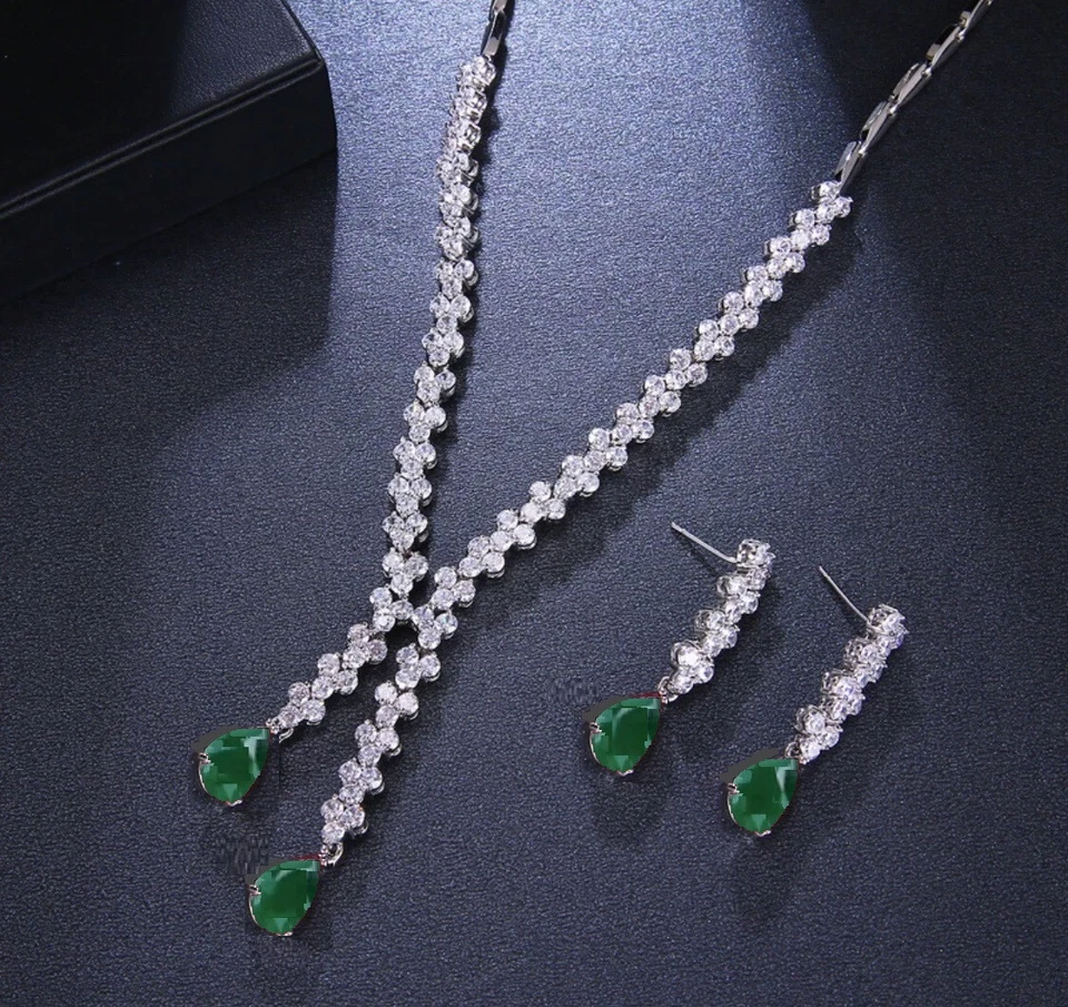 18K White Gold Plated Lab-Created Green Emerald Necklace Earrings Women Gift Set - Image 4 of 4