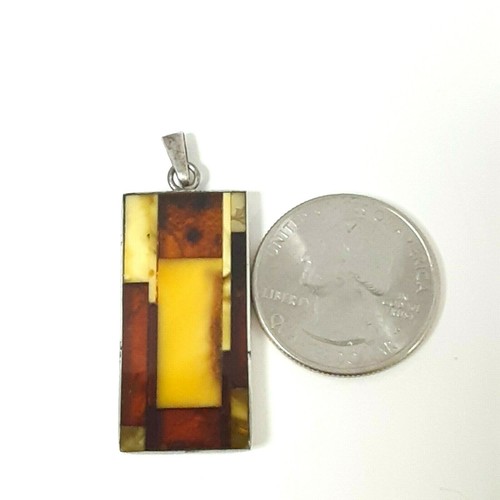 Vintage JZ Inlay Baltic Egg Yolk & Cognac Amber Sterling Silver Pendant Poland  - Picture 5 of 7
