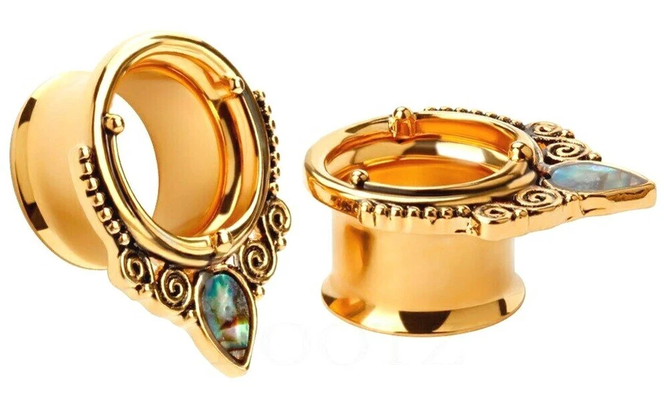 1x Abalone Shell Teardrop Silver Opal Steel Earring Tunnel Double Flare Ear Plug - Image 2 of 4