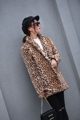 Damen Mittellange Fleecejacke Leopardenmuster Kunstfell Mantel Mantel - Bild 15 von 23