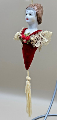 VTG Red Edwardian Victorian  Porcelain Half Doll Ornament with Lace