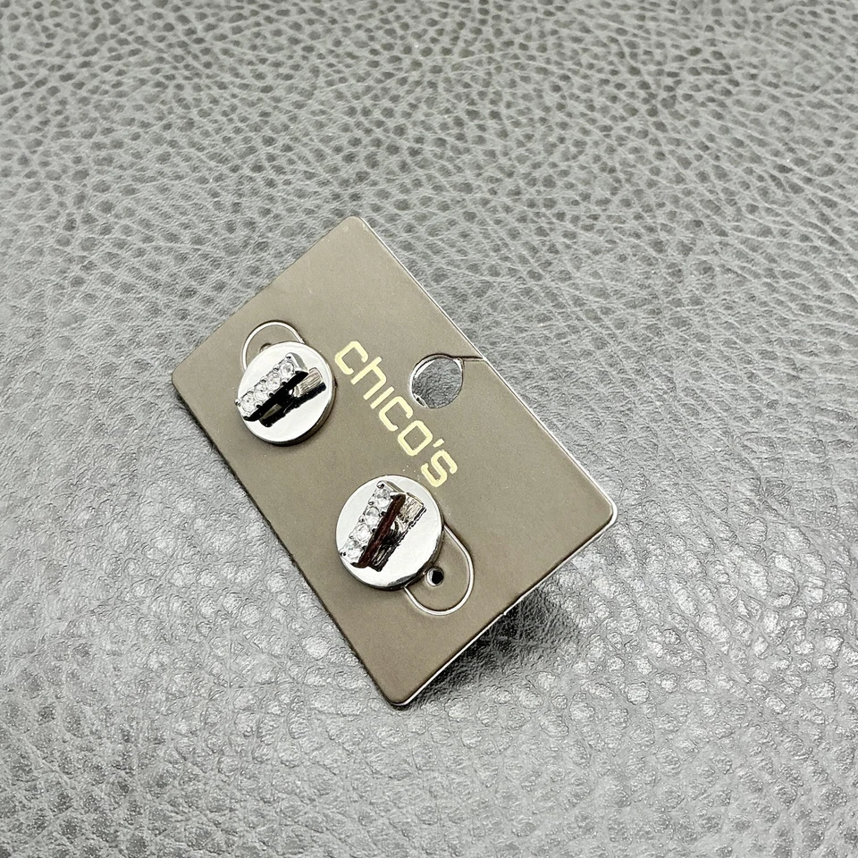 Chico's Earrings Womens Silver Tone Round Disc Rhinestone Bar Post Studs 1/2" — 第 2/4 张图片