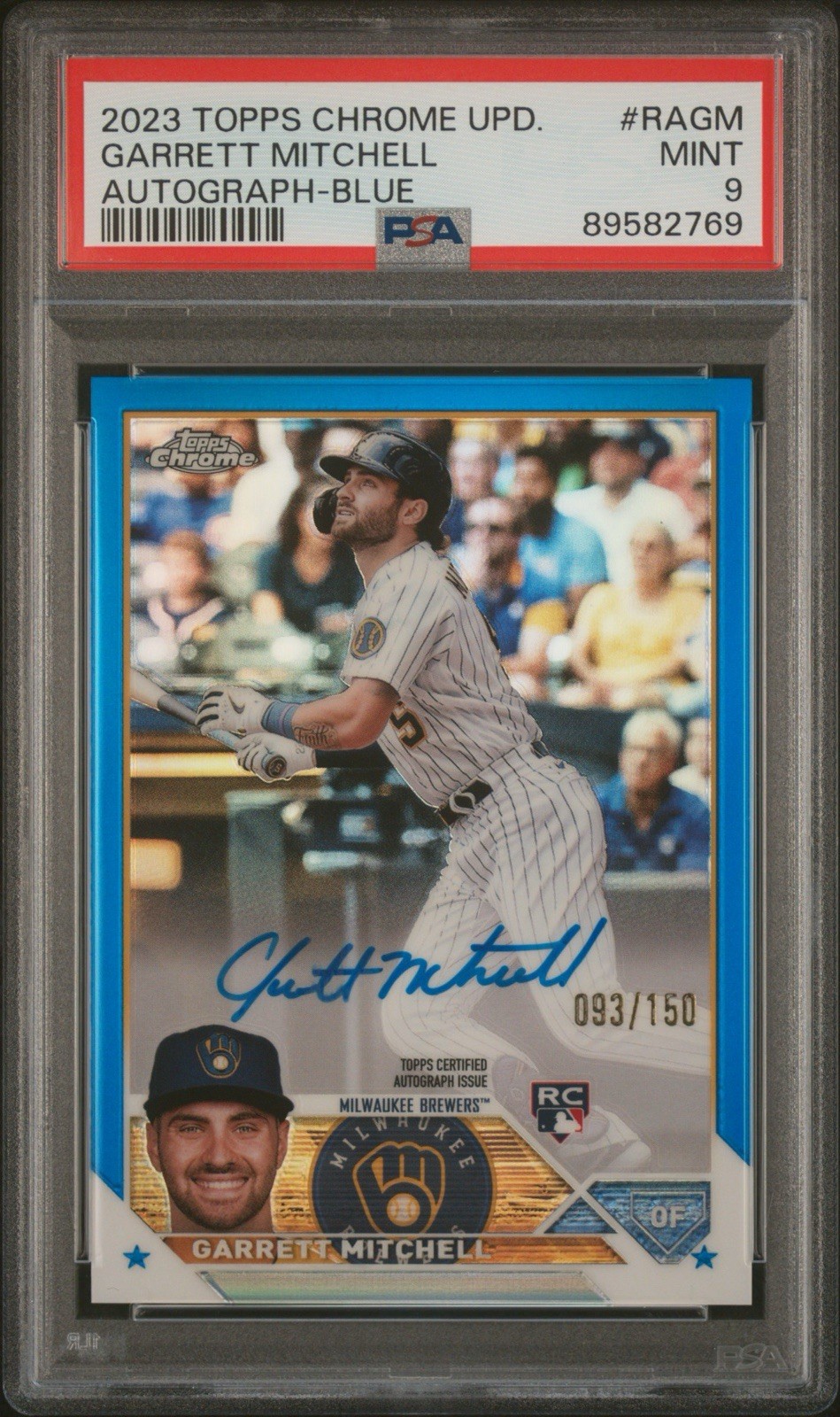 Garrett Mitchell 2023 Topps Chrome Update Rookie Auto Blue Refractor /150 PSA 9