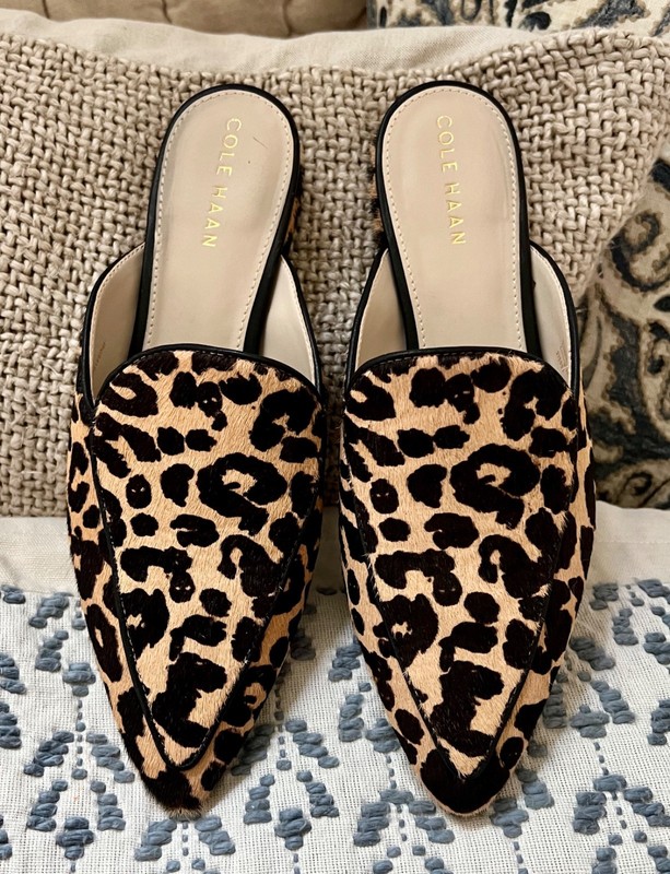 Cole Haan Piper Leopard Calf Hair Mules Shoes Sz 7.5 B