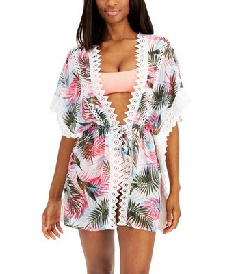 Miken Womens Multicolor Lace-Trim Kimono Cover-up Tropical Resort Size L NWT