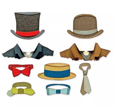 Sizzix Thinlits 9 Die Set By Tim Holtz TAILORED Hats Tie Bow tie Jacket Dress Up