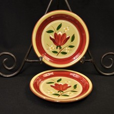 Stangl Magnolia 2 Coasters 5" Hand Painted Maroon Yellow Green Engobe Rare 1957