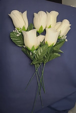 6 Silk White Roses Baby's Breath Stems Leaves Flowers 11"-12"