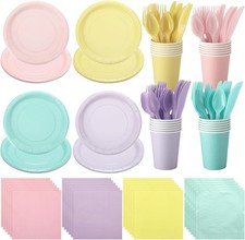 96 Pcs Pastel Disposable Dinnerware Set Include Pastel Paper Plates Cups Napkins