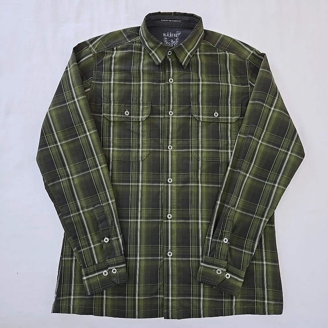 Kuhl Eluxur Polyester Ionik Metal Button Shirt Long Sleeve Green Plaid Mens S/M